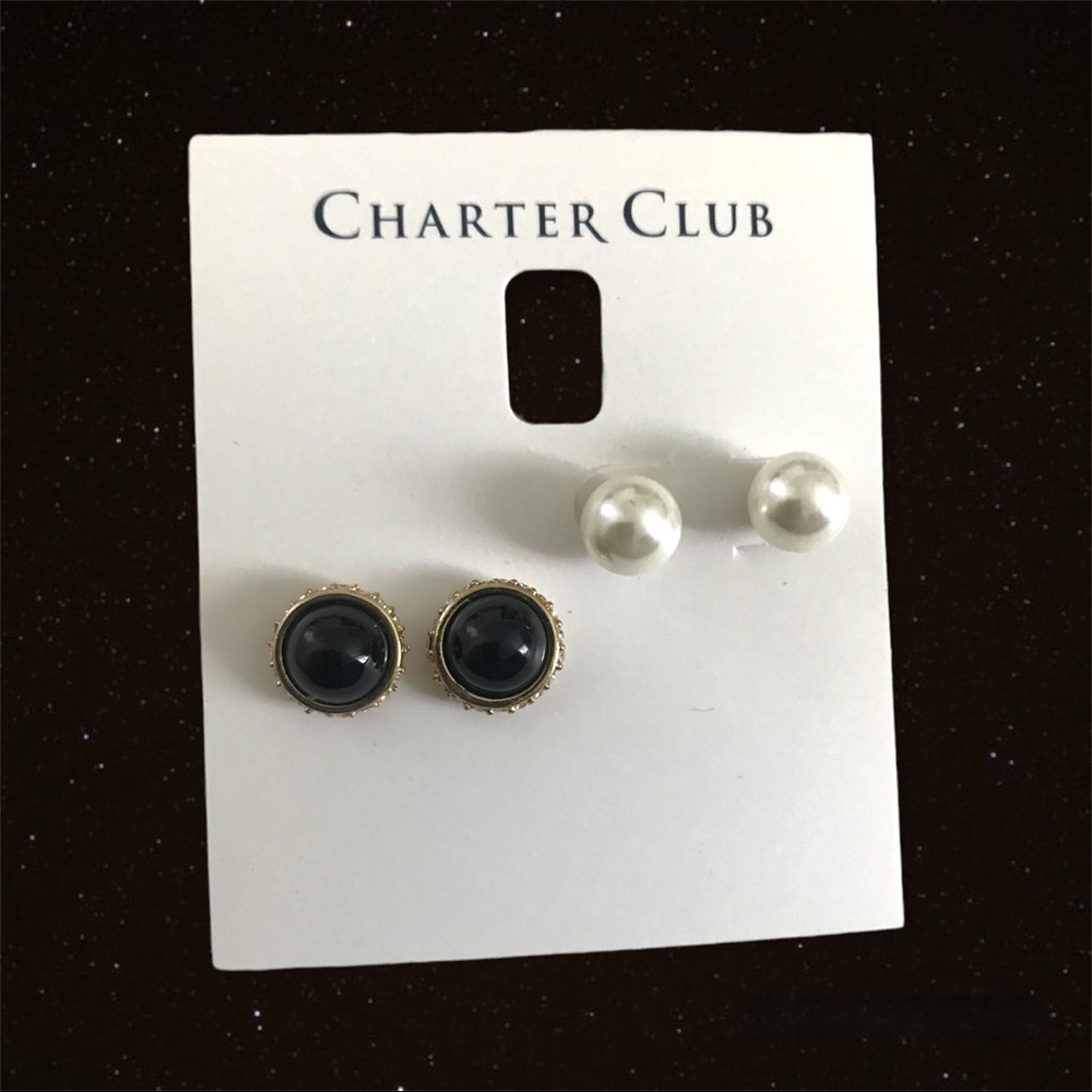 Charter Club 2Sets Blk/Wht Pearl Stud Earrings NWT Reg $29.50.